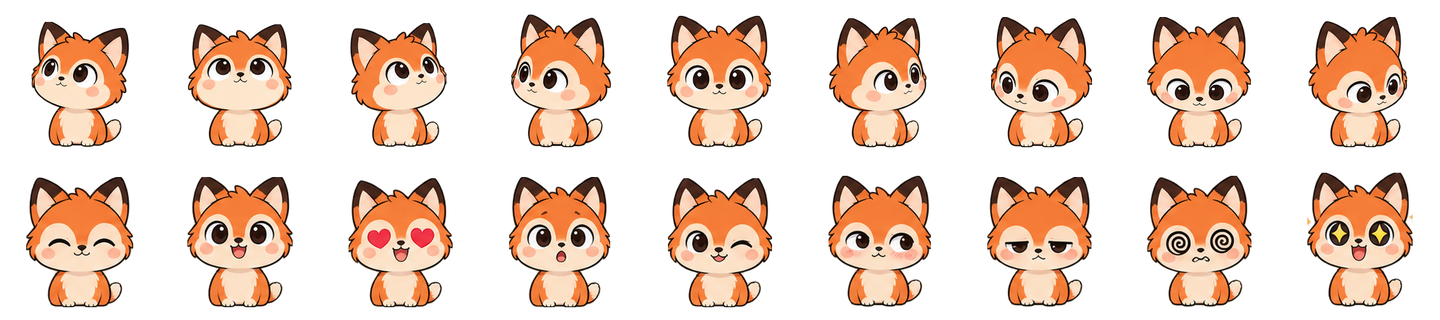 The 18 frames of Mochi the cat: nine looking directions on top, nine moods below
